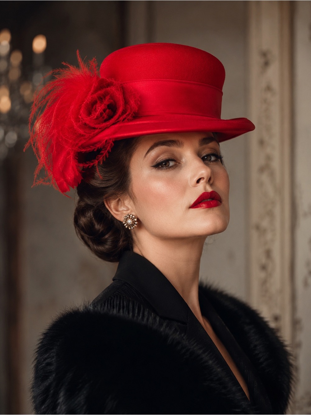 Vintage Scarlet Wool Feather & Rosette Haute Couture Statement Hat